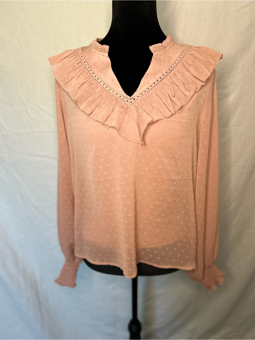 Rachel Zoe Boho Swiss Dot Ruffled V-Neck Top Blush Pink S